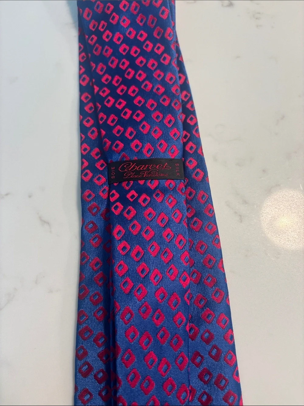 Charvet Blue Silk Tie with Pink Geometric Motif